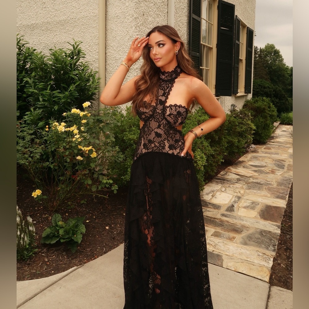 12th Tribe Princesa Black Lace Drop Waist Maxi Dress